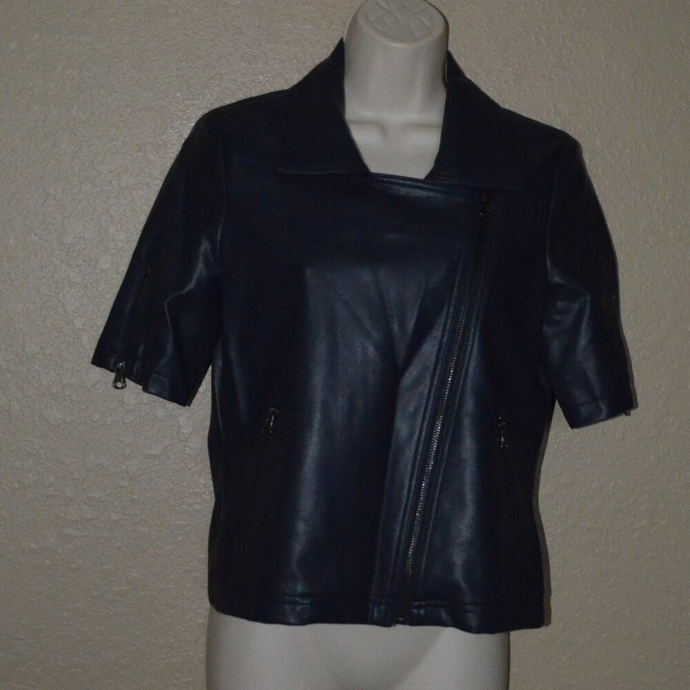 Sz XS J. Society Navy Faux Leather Short Sleeve Jacket